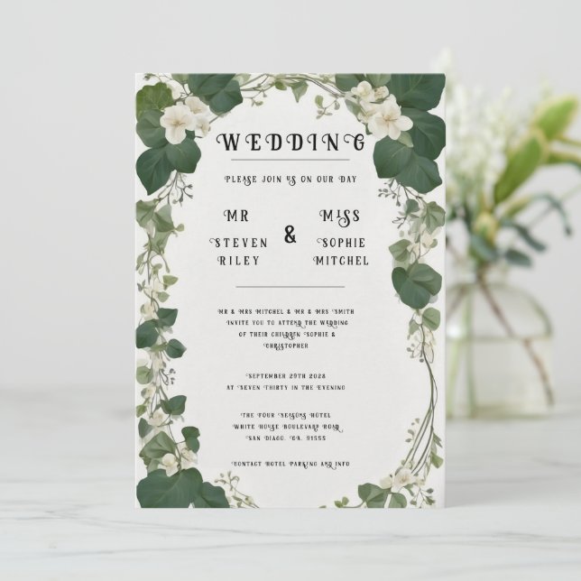 Eleganter Ivy Wedding Table Plan und Einladungen (Stehend Vorderseite)