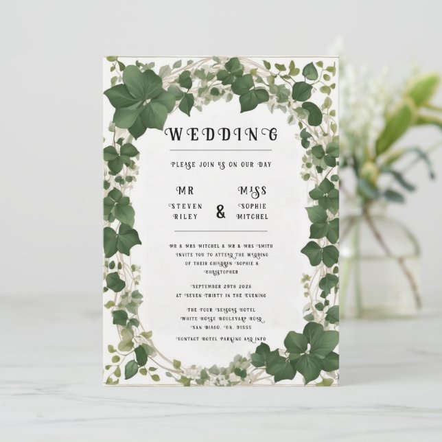 Eleganter Ivy Wedding Table Plan und Einladungen (Stehend Vorderseite)