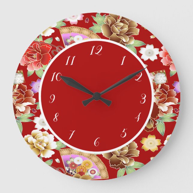 Eleganter japanischer asiatischer Artwork Red Flor Große Wanduhr (Vorderseite)