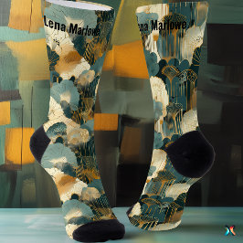 Eleganter japanischer Fan in Gold und Aquamarin pe Socken