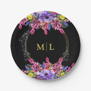 Eleganter Jeden Anlaß Monogram Black Multi Floral Pappteller