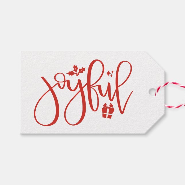 Eleganter Joyful Festival Red Script Holiday Geschenkanhänger (Vorderseite (Horizontal))