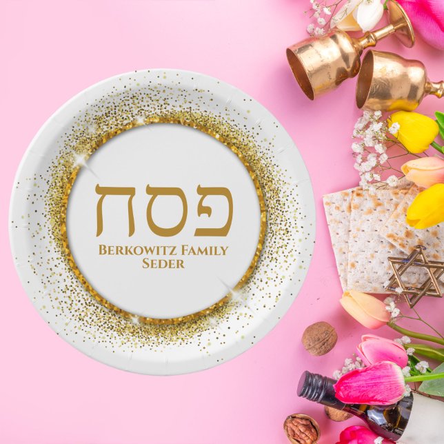 Eleganter jüdischer Pessach-Seder in Weiß und Gold Pappteller (Von Creator hochgeladen)