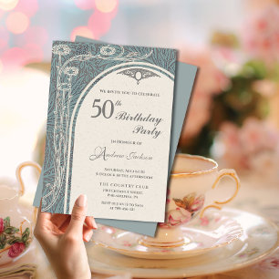 Eleganter Jugendstil Aquamarin & Silver Floral Geb Einladung