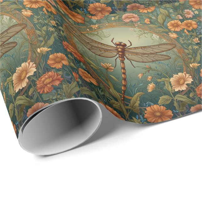 Eleganter Jugendstil Frühlingsgrüne Libelle Geschenkpapier (Rolleneckpunkt)