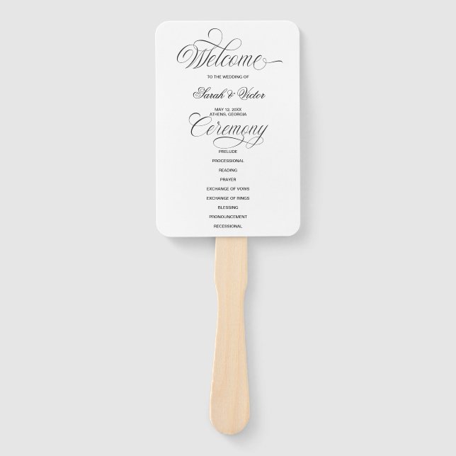 Eleganter Kalligrafie-Hochzeitsprogramm-Handfächer Fächer (Vorderseite)