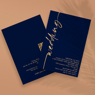 Eleganter Kalligrafie-QR-Code Navy Gold Hochzeit Einladung