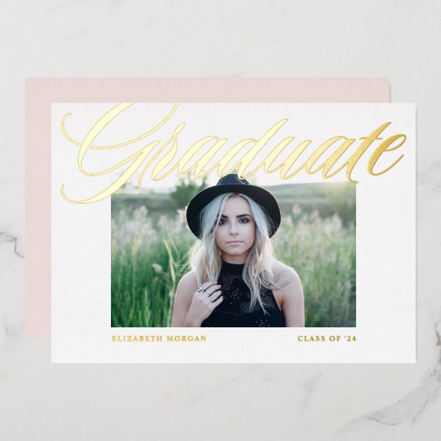 Eleganter kalligrafischer Foto Abschluss Gold Folieneinladung (Vorderseite/Rückseite)