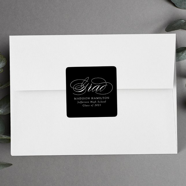 Eleganter Kalligraphie Schwarz-Weiß-Abschluss Quadratischer Aufkleber (Von Creator hochgeladen)