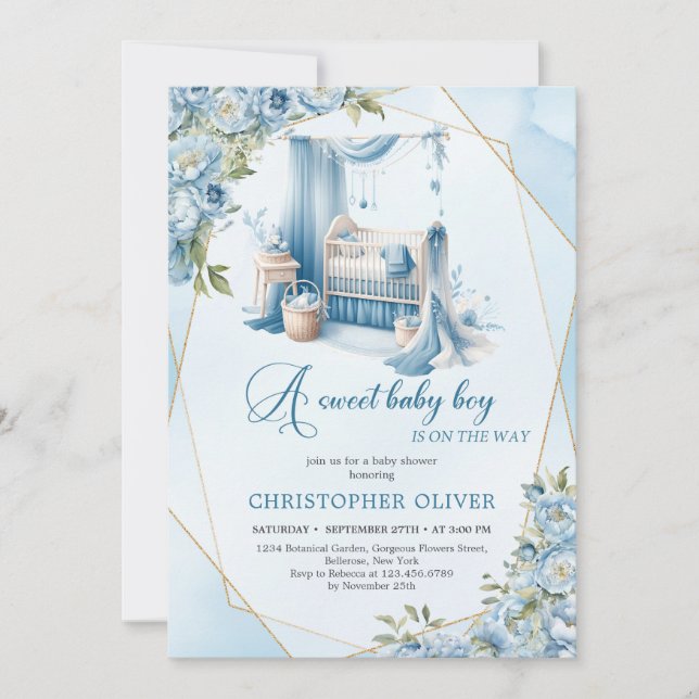 Eleganter Kalligraphieskript Baby Crib Blumenjunge Einladung (Vorderseite)