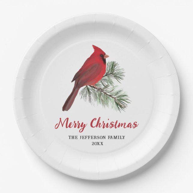 Eleganter Kardinal Bird auf der Weihnachtskiefernm Pappteller (Vorderseite)