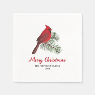 Eleganter Kardinal Bird auf der Weihnachtskiefernm Serviette