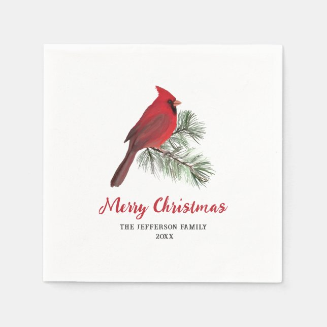 Eleganter Kardinal Bird auf der Weihnachtskiefernm Serviette (Vorderseite)