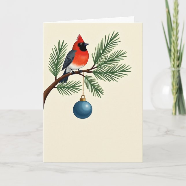Eleganter Kardinal Bird Christmas Card Pine Branch Karte (Vorderseite)