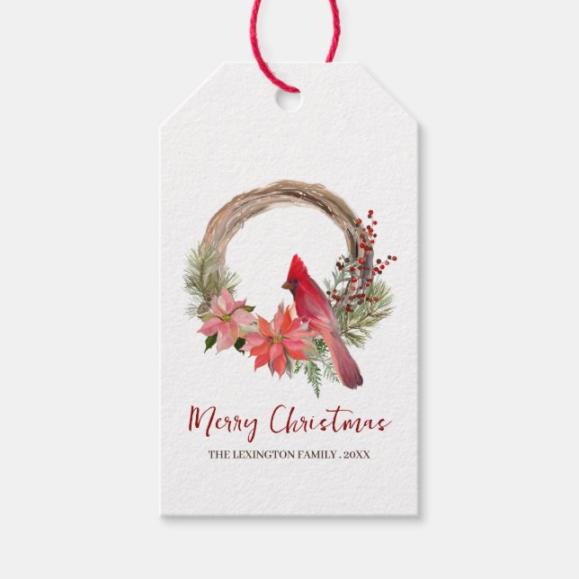 Eleganter Kardinal Bird Christmas Wreath Monogram Geschenkanhänger (Vorderseite)