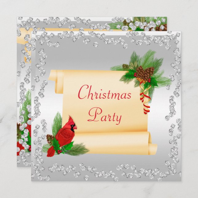 Eleganter Kardinal & Scroll Diamanten Weihnachten Einladung (Vorne/Hinten)