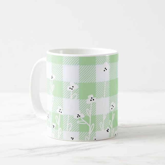 Eleganter karierter Gingham, grün und grün Kaffeetasse (Vorderseite Links)