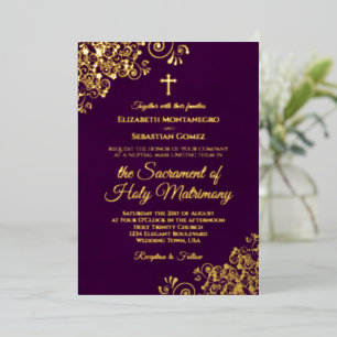 Eleganter katholischer Hochzeitsplatz Lila & Gold Folieneinladung