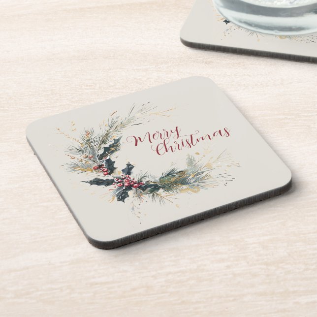 Eleganter Kiefer und Holly Kranz mit Goldakzenten Getränkeuntersetzer (Linke Seite)