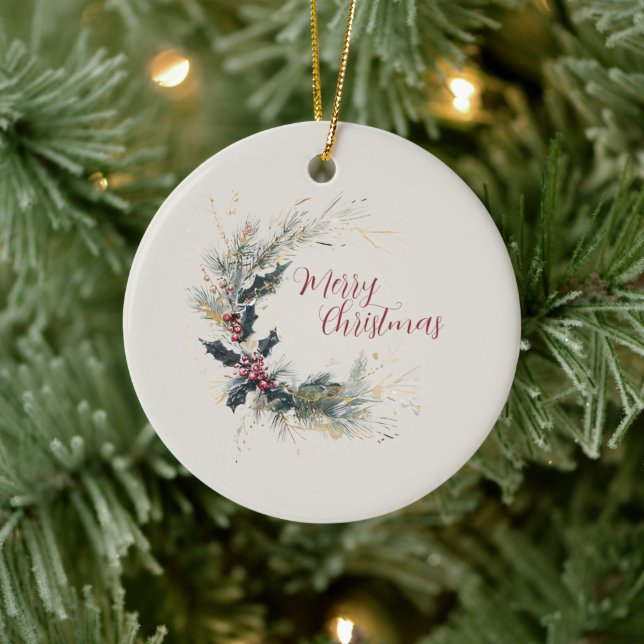 Eleganter Kiefer und Holly Kranz mit Goldakzenten Keramik Ornament (Baum)