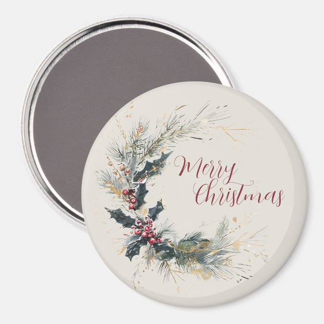 Eleganter Kiefer und Holly Kranz mit Goldakzenten Magnet (Vorderseite/Rückseite)