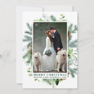 Eleganter Kiefernrahmen Hochzeitsgrat Foto Grün Feiertagskarte