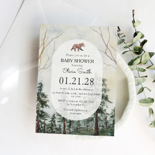 Eleganter Kiefernwald-Bär  Aquarell-Baby-Party   Einladung
