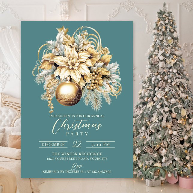 Eleganter Klassiker aquamariner Luxus Weihnachten Einladung (Gold luxury elegant Christmas party invitation)