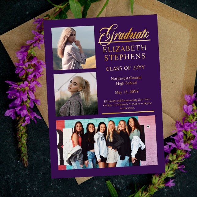 Eleganter Klassiker Lila Abschluss 3 Foto Folieneinladung (Classy and Elegant Script Text "Graduate" 3-Photo Gold Foil and Purple Graduation Announcement)