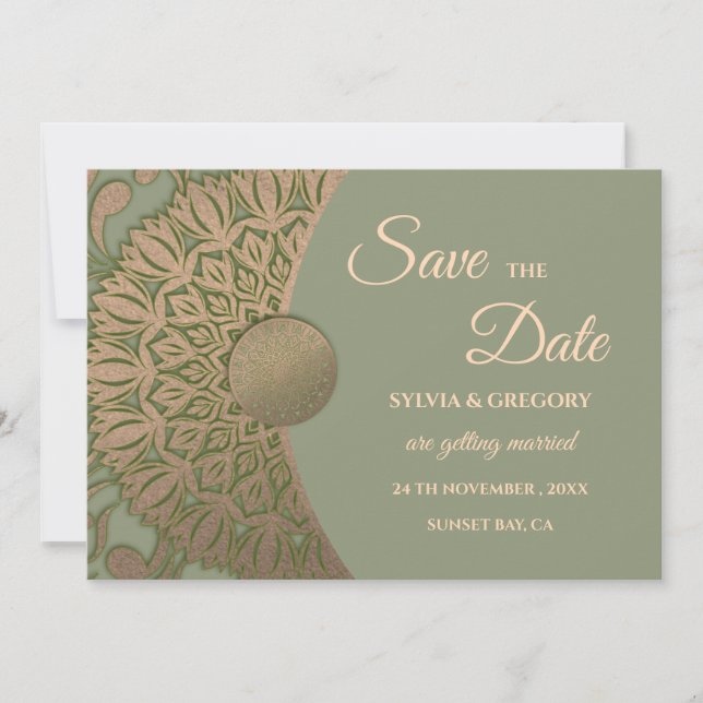 Eleganter Klassiker Mandala Modernes Magengrün & G Save The Date (Vorderseite)