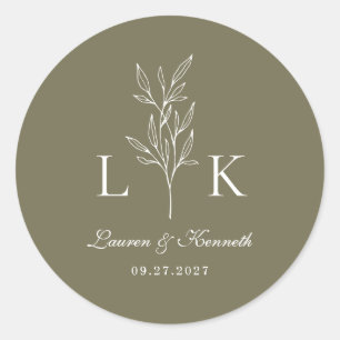 Eleganter klassischer Blattmonogramm-Hochzeit Oliv Runder Aufkleber
