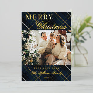 Eleganter klassischer blauer Karo-Weihnachtsgruß m Folien Feiertagskarte