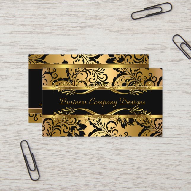 Eleganter, klassischer Gold Black Damask Embossed  Visitenkarte (Vorderseite/Rückseite Beispiel)