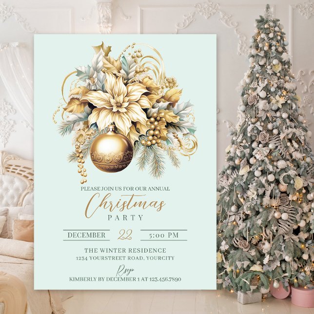 Eleganter klassischer goldgrüner Minze Luxus Weihn Einladung (Gold luxury elegant Christmas party invitation)
