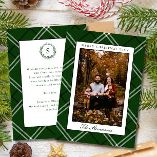 Eleganter klassischer grüner Karo-Weihnachtsfoto i Feiertagskarte