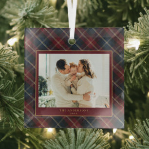 Eleganter klassischer Karo-Familienfoto-Weihnachte Ornament Aus Glas