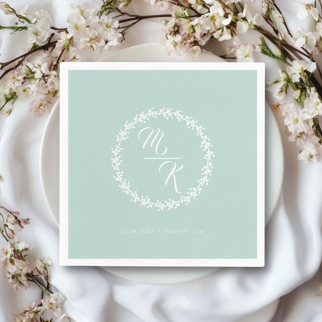 Eleganter, klassischer Kranz in Monogramm Serviette (Personalized, elegant, classic mint-green wedding napkin, simple wreath, with your monograms & text.)