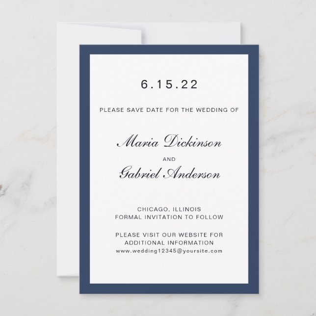 Eleganter klassischer Navy Blue Frame. Hochzeit Save The Date (Vorderseite)