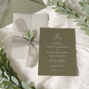 Eleganter klassischer Olivenblatt-Monogramm-Hochze Einladung
