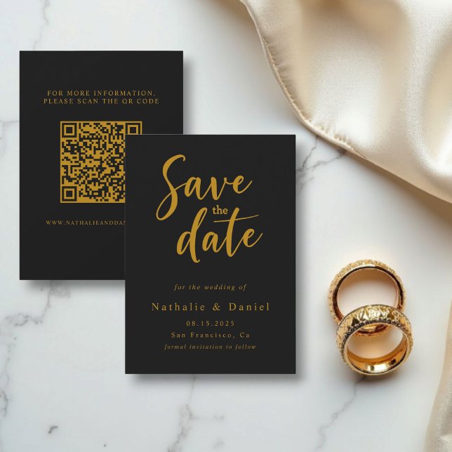 Eleganter klassischer QR-Code für Schwarz und Gold Save The Date (Von Creator hochgeladen)