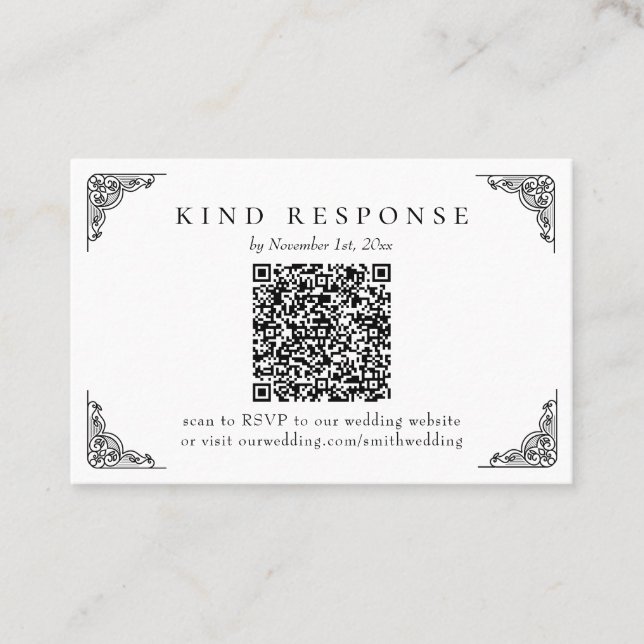 Eleganter klassischer QR Code Hochzeit RSVP-Karte Visitenkarte (Vorderseite)