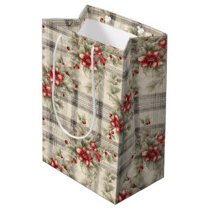 Eleganter Klassischer Roter Poinsettia-Tartan-Weih Mittlere Geschenktüte