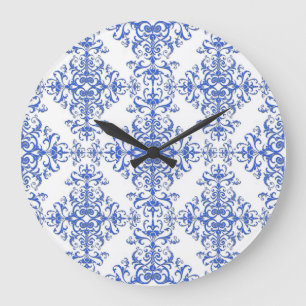 Eleganter Kobalt Blau und Weiße BlumenDamast Große Wanduhr