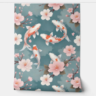 Eleganter Koi-Fisch schwimmt zwischen Kirschblüten Tapete