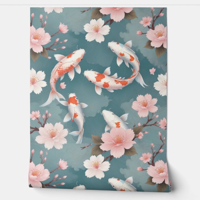 Eleganter Koi-Fisch schwimmt zwischen Kirschblüten Tapete (Abrollen)