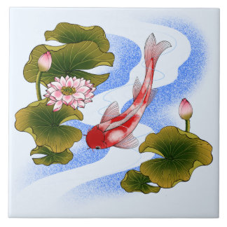 Eleganter Koi-Karpfen im Lotusteich Fliese