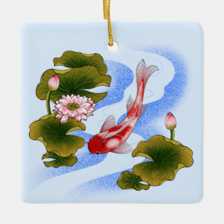 Eleganter Koi-Karpfen im Lotusteich Keramikornament