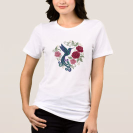Eleganter Kolibri und rote Rosen Stickstil Tri-Blend Shirt