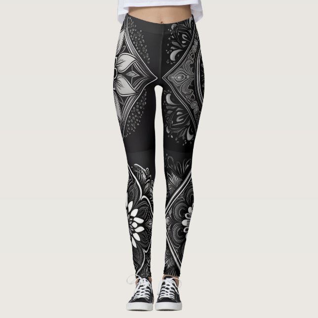Eleganter Komfort: Schwarz-Weiß Mandala Leggings (Vorderseite)