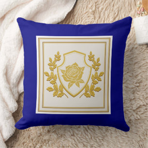 Eleganter königsblauer und goldener Rosenwappen-Sc Kissen